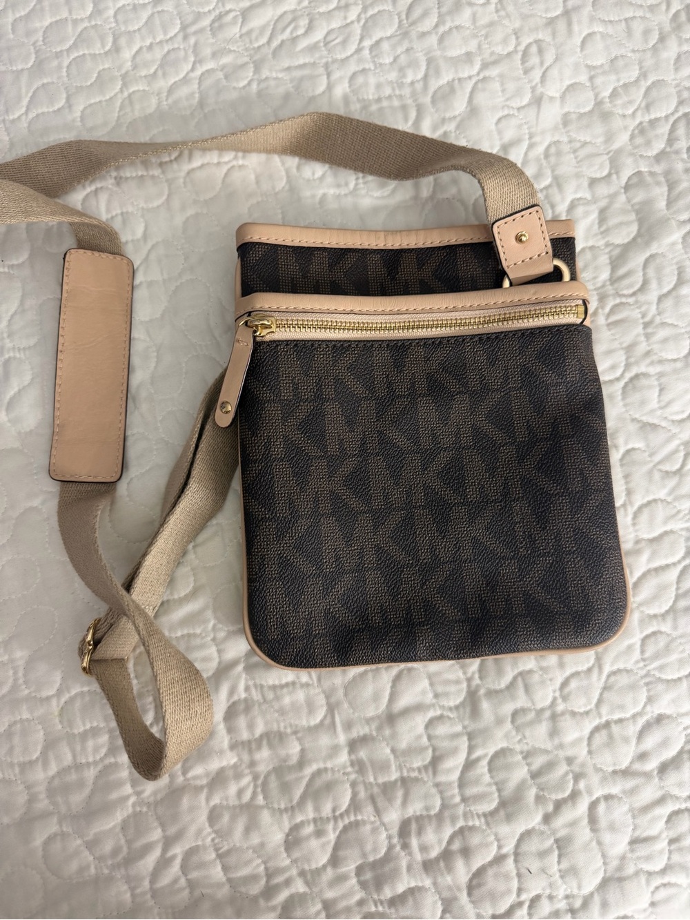 Michael Kors Dark Brown Monogram Crossbody with Beige Trim